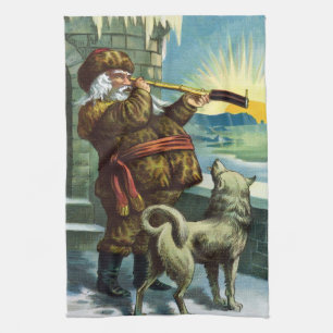 Linge De Cuisine Téléscope Chien de Noël Père Noël Vintage Coucher 