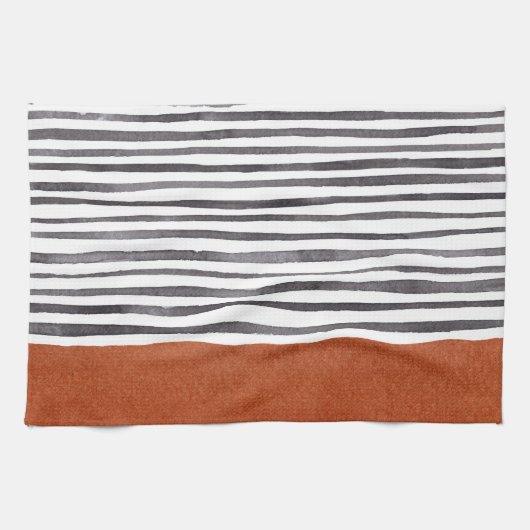 Linge De Cuisine Terracotta et rayures blanches noires   (Horizontal)