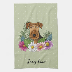 Linge De Cuisine Terrier Airedale Fleurs Colorées Et Nom Vert