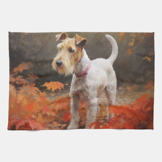 Linge De Cuisine Terrier Wirefox dans les feuilles d'automne chute (Horizontal)