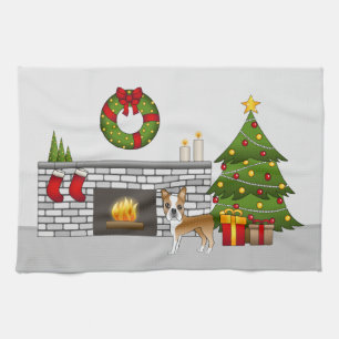 Linge De Cuisine Tervueren Boston Terrier dans une salle de Noël fe