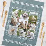 Linge De Cuisine Texte Personnalisé Élégant Photo Collage Chiens Gr<br><div class="desc">Créez une belle serviette de cuisine personnalisée avec neuf de vos photos préférées et encadrée par les mots "La maison est où se trouve mon chien". Ce design présente un style blanc classique sur un arrière - plan gris élégant et le texte peut être customisé si vous préférez quelque chose...</div>