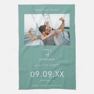 Linge De Cuisine Texte photo minimal Turquoise Enregistrer la date