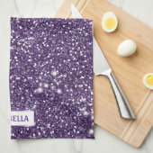 Linge De Cuisine Texture de scintillement violet faux avec nom pers (Quart Plié)