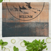 Linge De Cuisine Texture en bois rustique et monogramme de cerfs su (Plié)