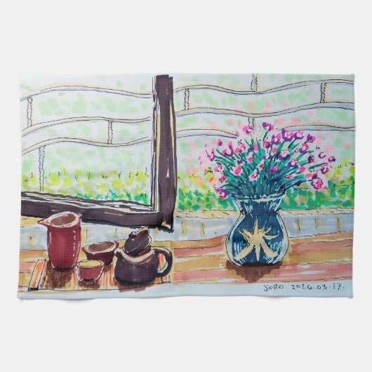 Linge De Cuisine Thé et Fleurs de la Fenêtre (Horizontal)