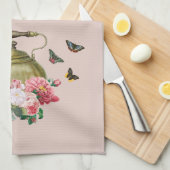 Linge De Cuisine Théière Party Fleurs Roses et Papillons Monogramme (Quart Plié)