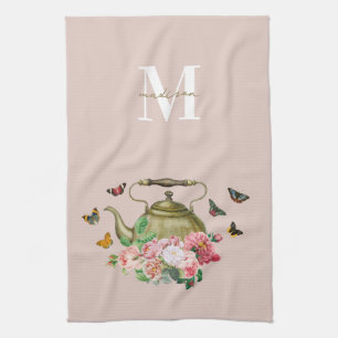 Linge De Cuisine Théière Party Fleurs Roses et Papillons Monogramme