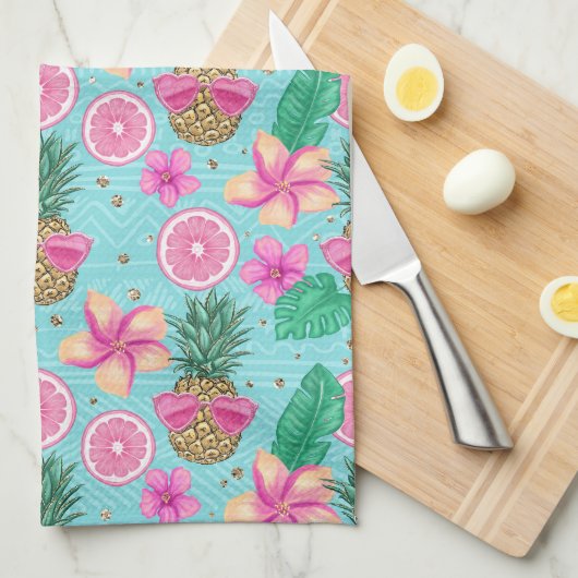 LINGE DE CUISINE THÈME DE PLAGE TROPICALE D'ÉTÉ ROSE & VERT (Quart Plié)