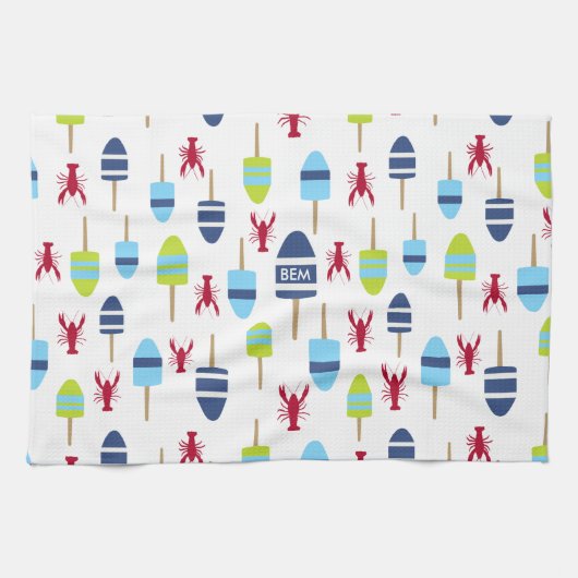 Linge De Cuisine Thème nautique Bouée et homard monogrammés (Horizontal)