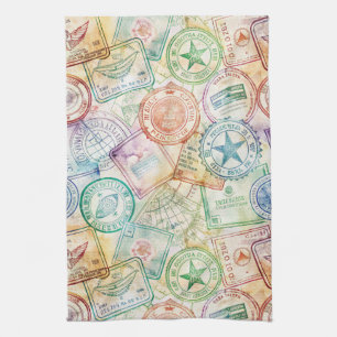 Linge De Cuisine Timbre de passeport rustique motif voyage (3)