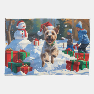 Linge De Cuisine Tireur Fox Terrier courant dans la neige avec un c
