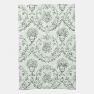 Linge De Cuisine Tissu toile vert menthe baroque avec chérubin et u