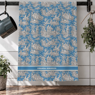 Linge De Cuisine Toile de Jouy Bleue Turquoise Vintage