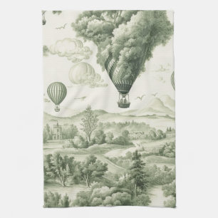 Linge De Cuisine Toile de Jouy verte antique motif pastoral