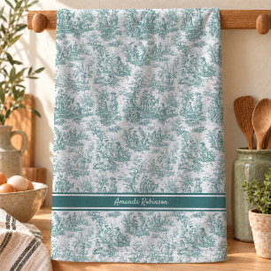 Linge De Cuisine Toile de Jouy vintage sarcelle turquoise