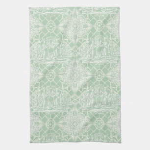 Linge De Cuisine Toile de Jouy Vintage Sauge avec Figures Classique