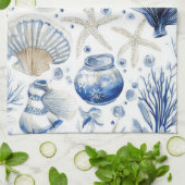 Linge De Cuisine Toile de mer côtière bleue motif corail (3) (Plié)