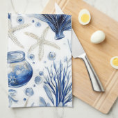 Linge De Cuisine Toile de mer côtière bleue motif corail (3) (Quart Plié)