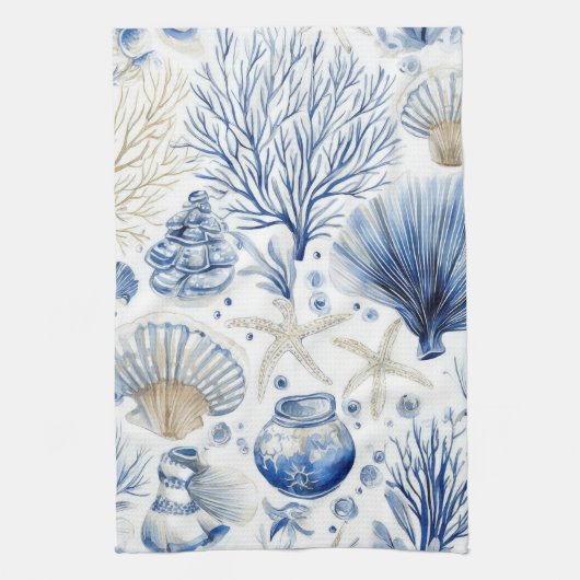 Linge De Cuisine Toile de mer côtière bleue motif corail (3) (Vertical)