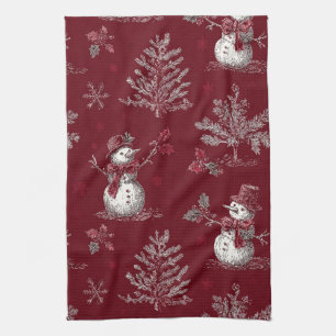 Linge De Cuisine Toile de Noël Botanique Rouge Vintage - Bonhomme d