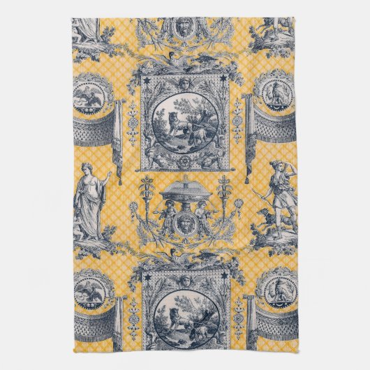 Linge De Cuisine Toile Néoclassique Bleu et Jaune Pays Français (Vertical)