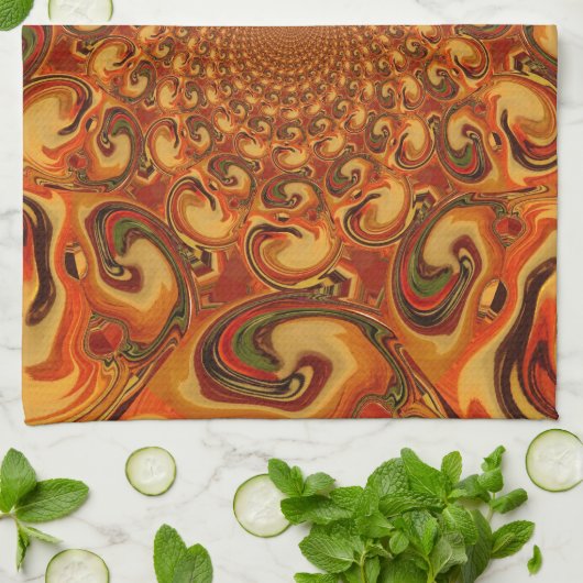Linge De Cuisine Tons Abstraits orange, marron et vert (Plié)