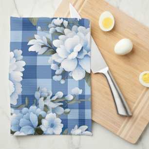 LINGE DE CUISINE TONS BLEU & BLANC PLAID MOTIF & FLEURS