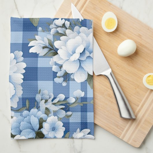 LINGE DE CUISINE TONS BLEU & BLANC PLAID MOTIF & FLEURS (Quart Plié)