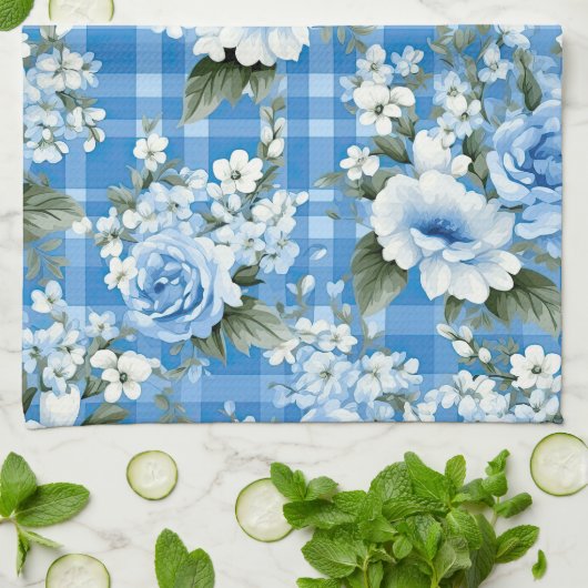 LINGE DE CUISINE TONS BLEU & BLANC PLAID MOTIF & FLEURS (Plié)