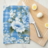 LINGE DE CUISINE TONS BLEU & BLANC PLAID MOTIF & FLEURS (Quart Plié)