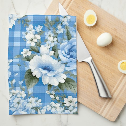 LINGE DE CUISINE TONS BLEU & BLANC PLAID MOTIF & FLEURS (Quart Plié)