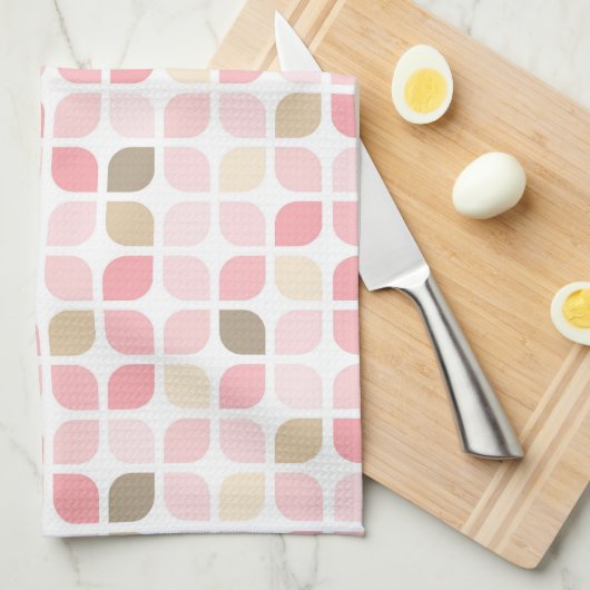 LINGE DE CUISINE TONS DE ROSE BROWN FEUILLES BLANCHES MOTIFS (Quart Plié)