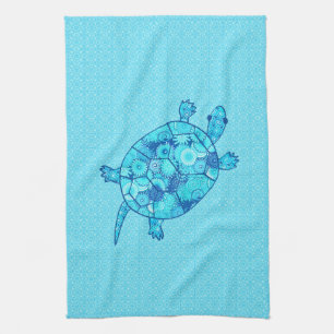 Linge De Cuisine Tortue tourbée fractale - cobalt et bleu turquoise