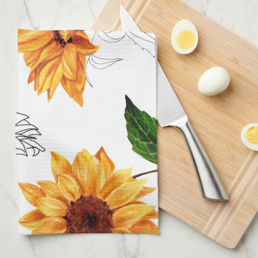Linge De Cuisine Tournesols dessinés à la main : motif jaune vif. (Quart Plié)