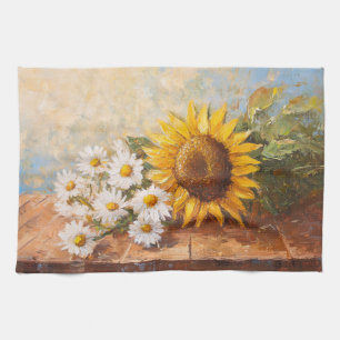 Linge De Cuisine Tournesols et marguerites sur une table rustique