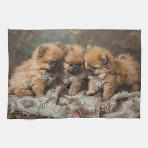 Linge De Cuisine Trio Poméranien de chiot Vintage