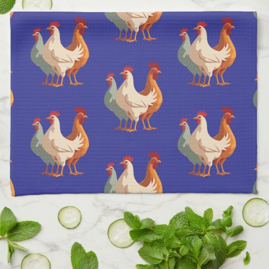 Linge De Cuisine Trois poules françaises rétro Découpe mi-siècle 6 (Plié)