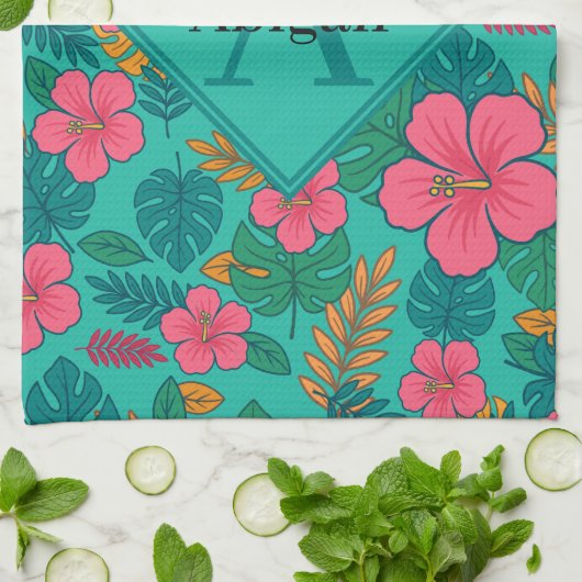 Linge De Cuisine Tropical Hibiscus and Palm Leaf Pattern (Plié)