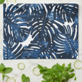 Linge De Cuisine Tropical Navy Bleu Blanc Style Palm Feuille (Plié)