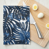 Linge De Cuisine Tropical Navy Bleu Blanc Style Palm Feuille (Quart Plié)