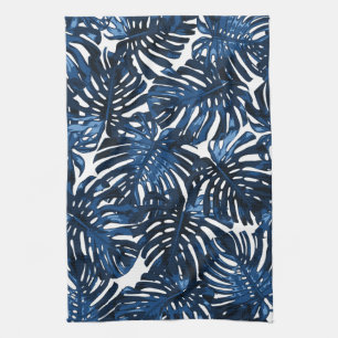 Linge De Cuisine Tropical Navy Bleu Blanc Style Palm Feuille