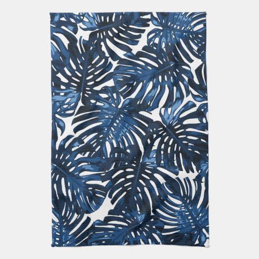Linge De Cuisine Tropical Navy Bleu Blanc Style Palm Feuille (Vertical)