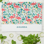 Linge De Cuisine Tropical Pink Flamingo an tropical leaves pattern (Plié)
