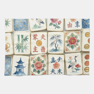 Linge De Cuisine Tuiles de Mahjong Chinoiserie Fleurs Aquarelles Oi