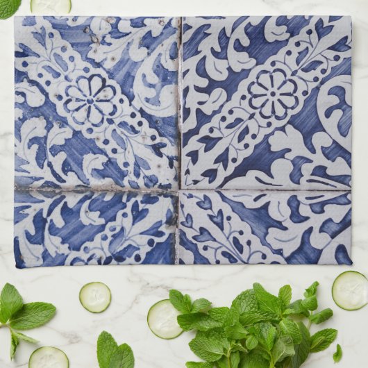 Linge De Cuisine Tuiles portugaises - Azulejo Floral bleu et blanc (Plié)