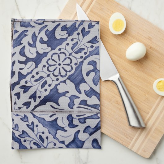 Linge De Cuisine Tuiles portugaises - Azulejo Floral bleu et blanc (Quart Plié)