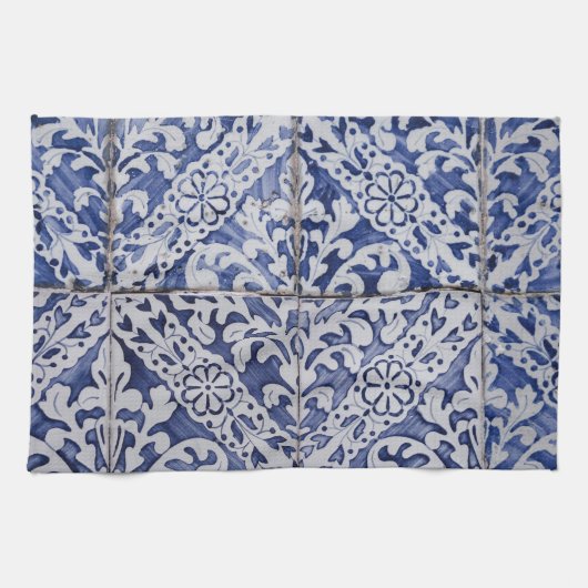 Linge De Cuisine Tuiles portugaises - Azulejo Floral bleu et blanc (Horizontal)