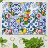 Linge De Cuisine tuiles siciliennes, majolica, citrons, agrumes (Plié)