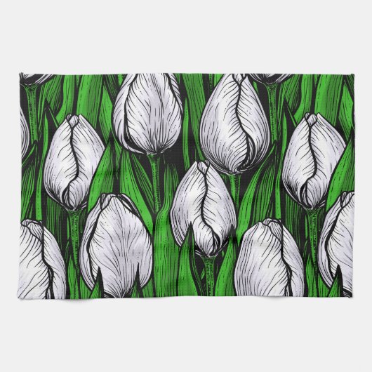 Linge De Cuisine Tulières blanches avec feuilles verts (Horizontal)